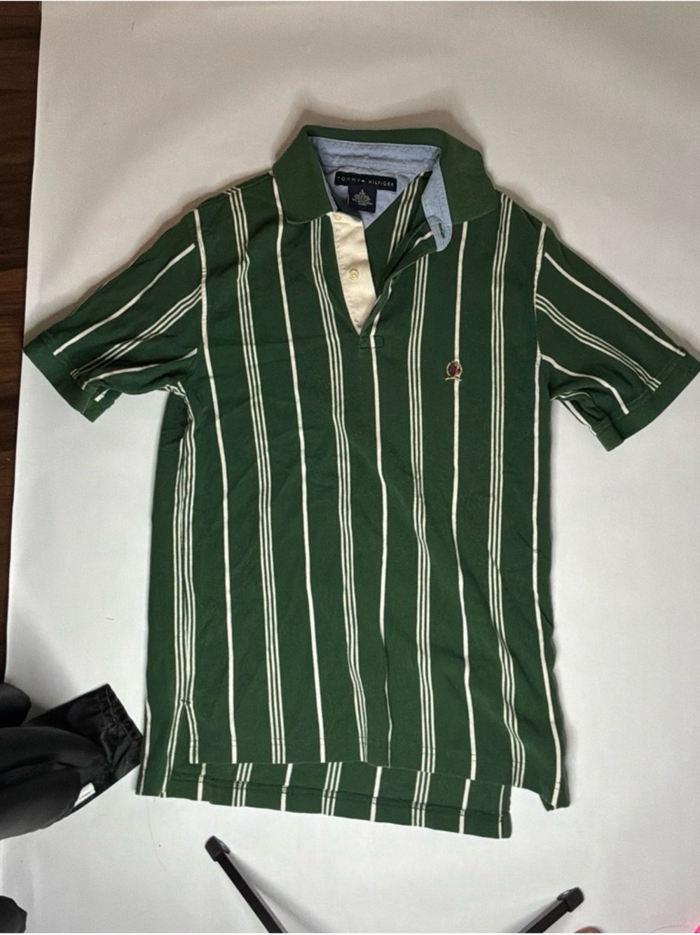 Tommy Hilfiger Green Polo with Cream Vertical Stripes